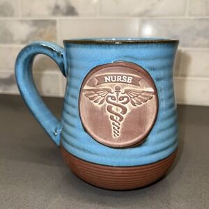 Religious Nurse Pottery Coffee Mug Blue And Brown